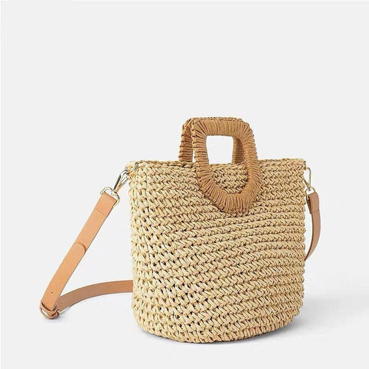 Woven Straw Beach Bag – Wooden Handle, Leather Strap & Spacious