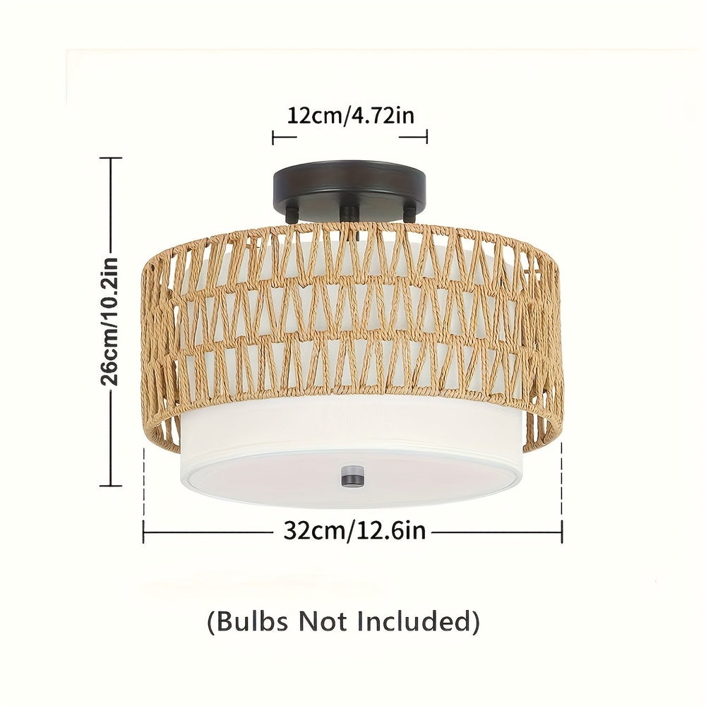 Boho Rattan Ceiling Light | Semi-Flush Mount with Linen Shade