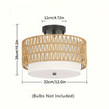 Boho Rattan Ceiling Light | Semi-Flush Mount with Linen Shade