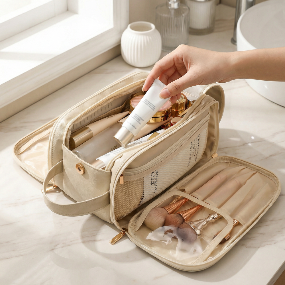 Makeup Organizer Bag – Waterproof PU Leather, 16 Brush Slots & 28×16.5cm