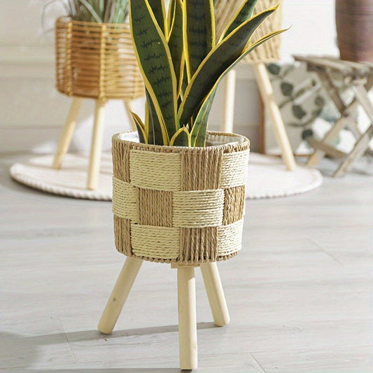 Bamboo Flower Stand – Handwoven Rattan Design, Wooden Legs &amp; Boho Style