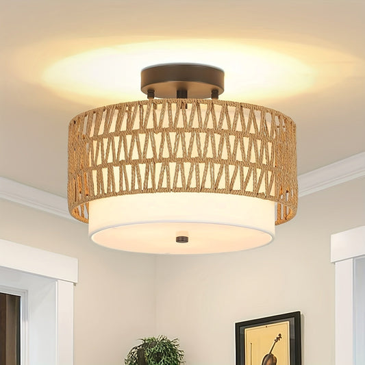 Rattan Ceiling Light – Boho Style, Linen Shade Diffuser & Semi-Flush Mount