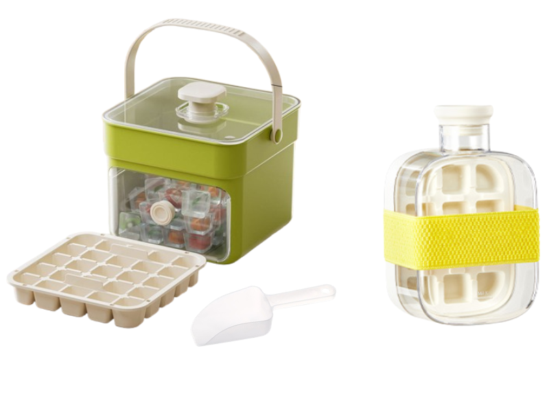 Push-Button Ice Cube Tray – BPA-Free PET/PP, Storage Bin & Ice Scoop