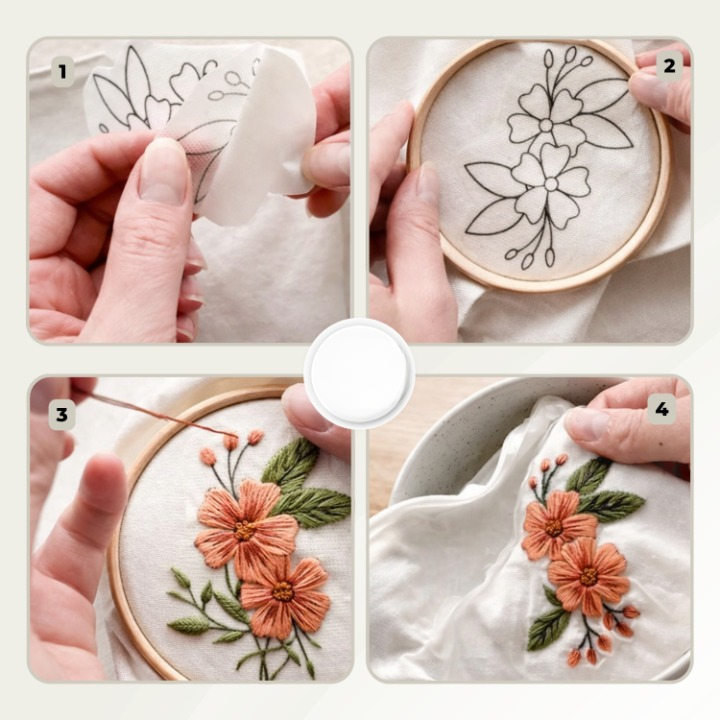 Embroidery Starter Kit – Water-Soluble Stick-On Patterns, 50 Thread Colors & Needles