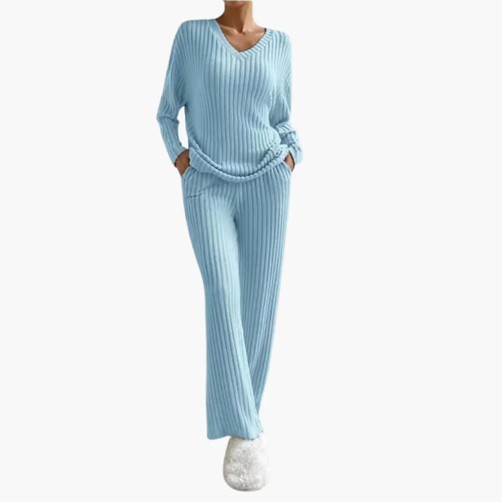 Women's Lounge Set – V-Neck, Ribbed Texture & Two-Piece