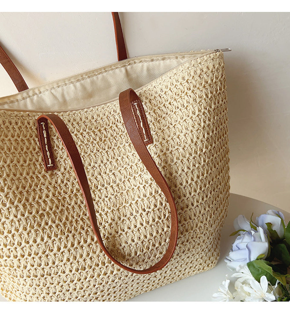 Woven Rattan Basket Bag – Leather Handles, 30×33cm & Women's Shopper Tote