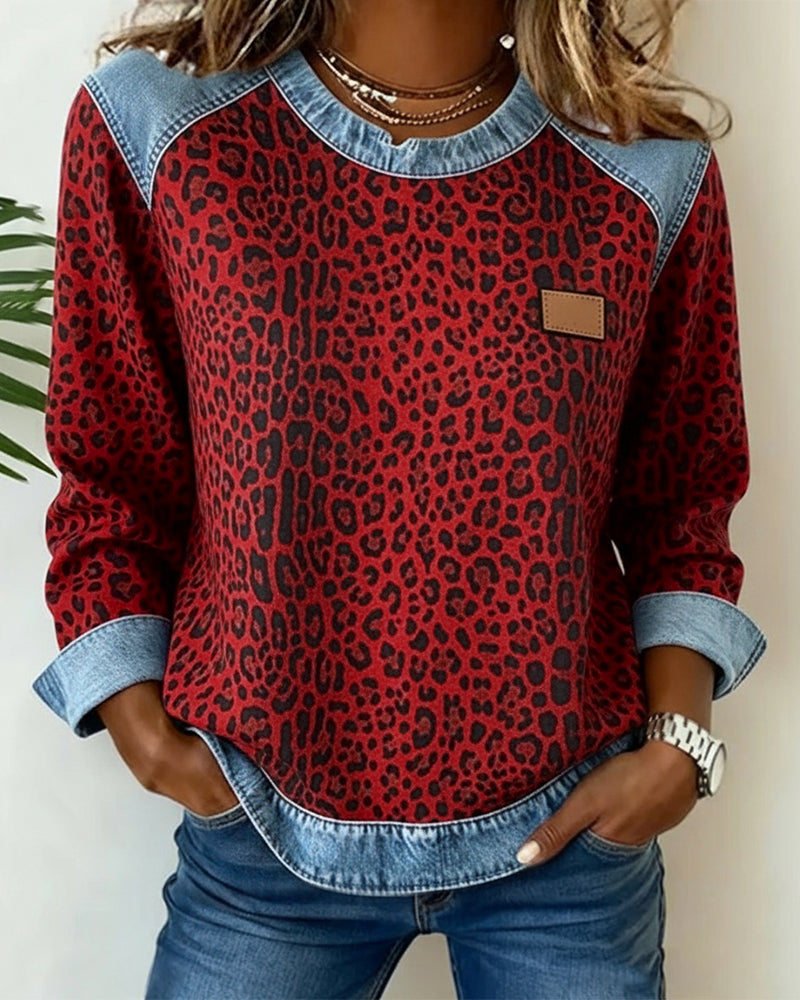 Optimized Product Title: "Leopard Print Denim Patchwork Pullover for Women - Stylish Casual Sweater" 

This title includes relevant keywords for better visibility while providing a clear description of the product.