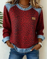 Optimized Product Title: "Leopard Print Denim Patchwork Pullover for Women - Stylish Casual Sweater" 

This title includes relevant keywords for better visibility while providing a clear description of the product.