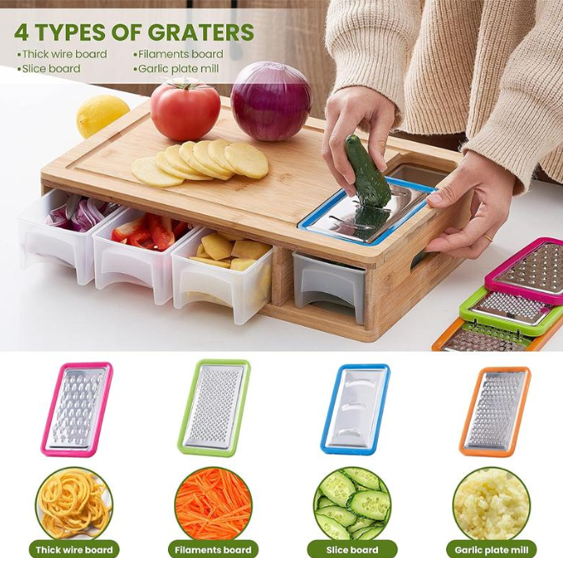 Bamboo Cutting Board Set – 4 Graters, Slide-Out Trays & 40×26cm