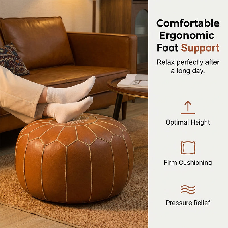 Moroccan Leather Storage Pouf – Faux Leather, Water-Resistant, 50×25cm Ottoman
