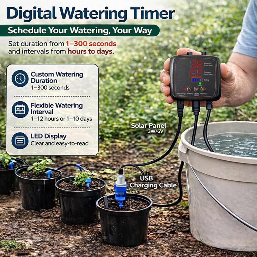 Solar Drip Irrigation System – 12 Plants, Digital Timer & USB Battery Backup