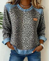 Optimized Product Title: "Leopard Print Denim Patchwork Pullover for Women - Stylish Casual Sweater" 

This title includes relevant keywords for better visibility while providing a clear description of the product.