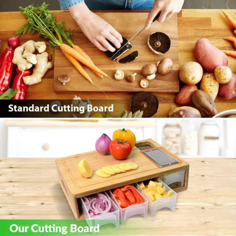 Bamboo Cutting Board Set – 4 Graters, Slide-Out Trays & 40×26cm