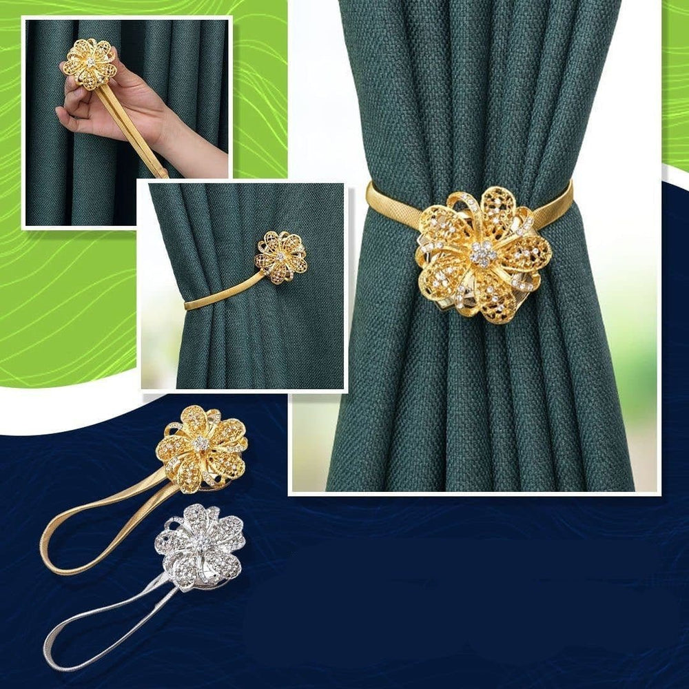 Magnetic Curtain Holdback – Floral Rhinestone Design, Flexible Steel, Gold or Silver