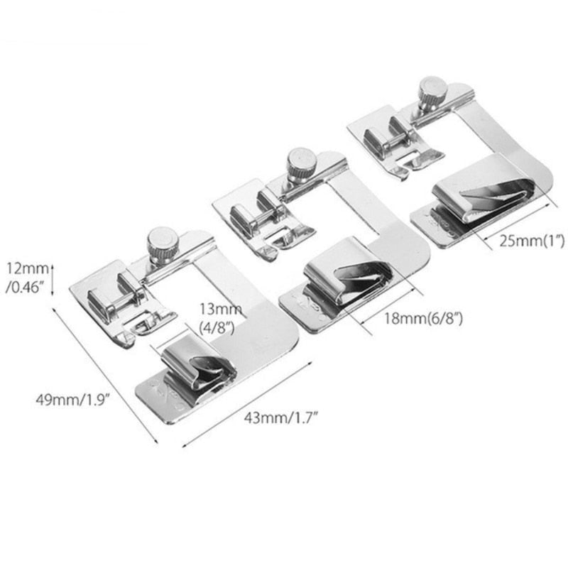 Rolled Hemmer Foot Set – 3-Piece Stainless Steel, 12/18/25mm for Sewing Machines