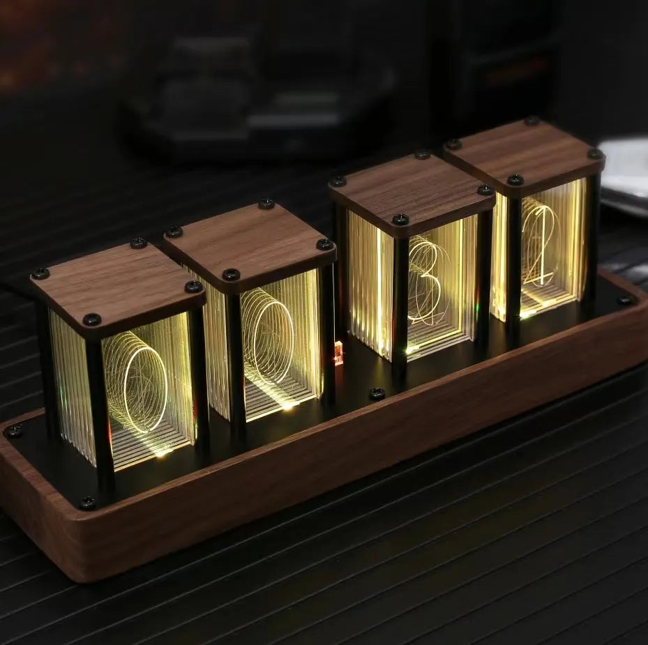 Nixie-Style LED Desk Clock – Walnut Base, RGB 8 Modes & 4 or 6 Digits