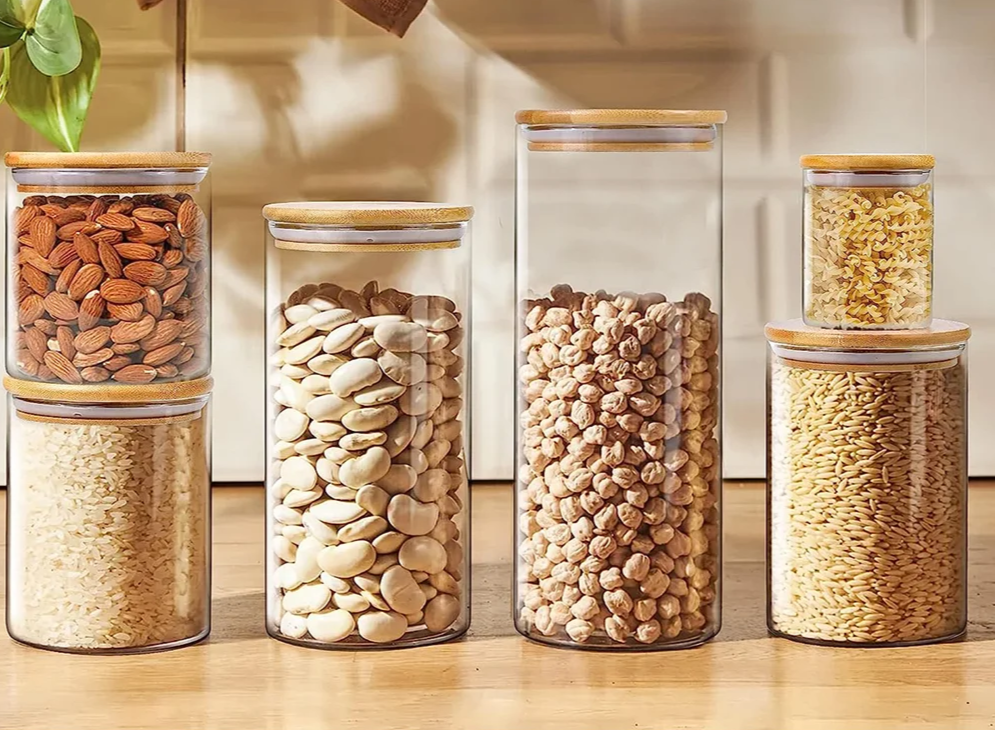 Glass Storage Jars with Wooden Lids – Airtight, Set of 5 & 300-950ml