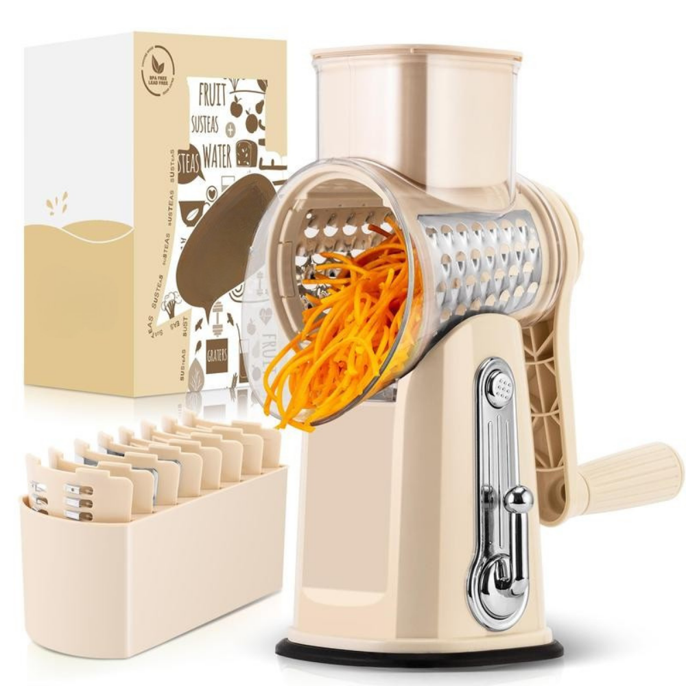 Enhanced Product Title: **5-Blade Rotating Grater with Suction Base – Versatile Kitchen Tool for Effortless Grating and Slicing**