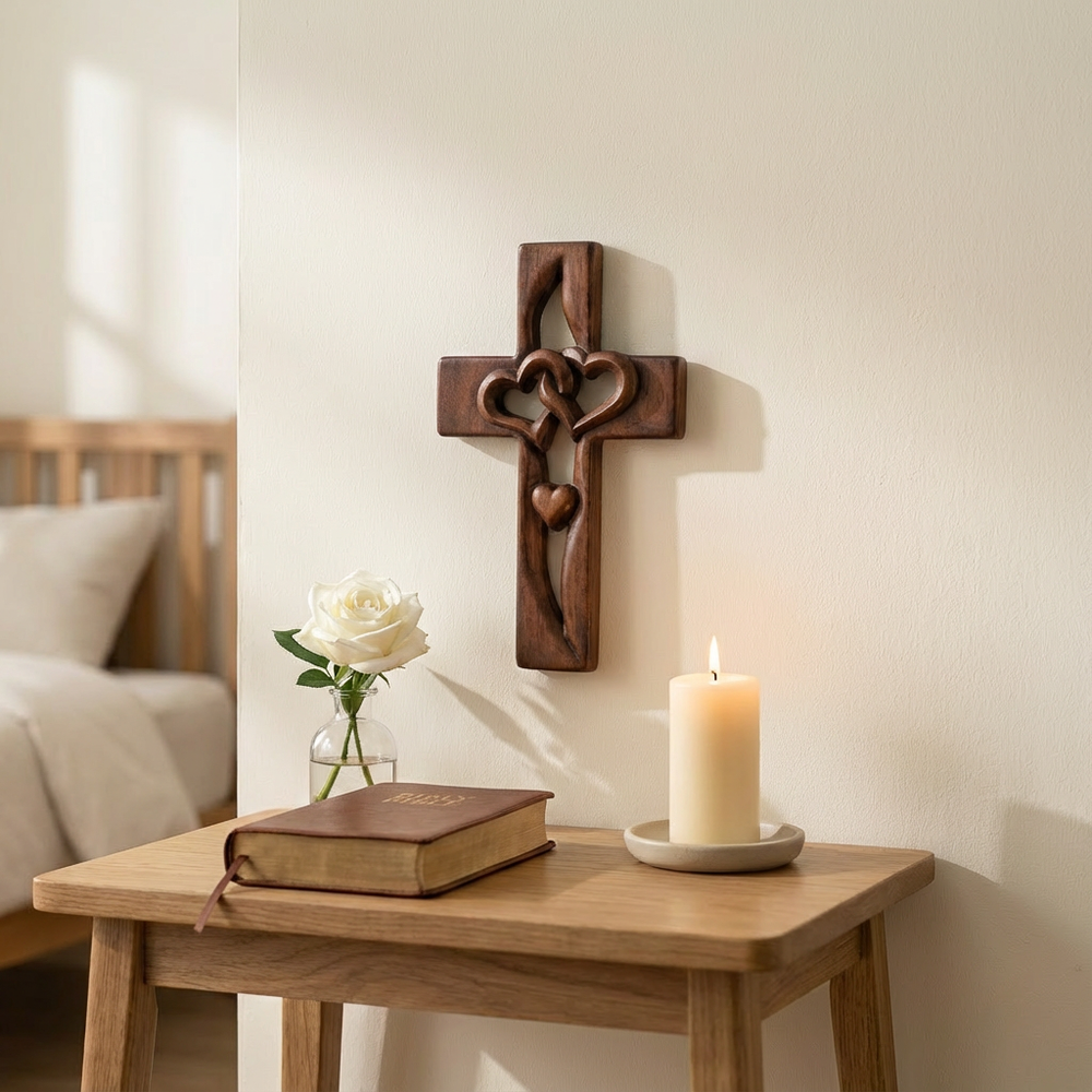 Enhanced Product Title: "Holzkreuz Wanddeko mit Verschlungenen Herzen – Rustikale Wandkunst für Romantische Dekoration" 

This title includes relevant keywords while providing additional context to attract potential buyers.
