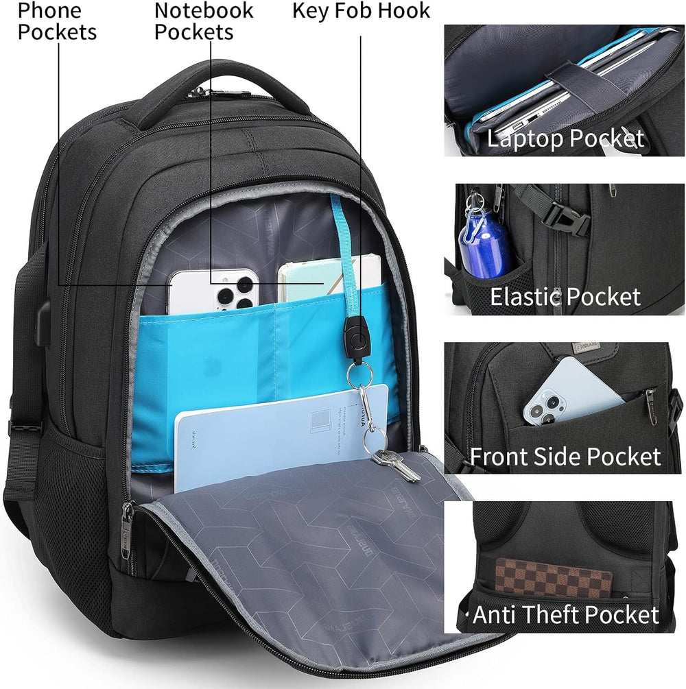 Water-Resistant Travel Laptop Backpack with USB Charging Port & Organized Storage Compartments - Perfect for Commuting & Travel