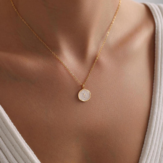 Cross Pendant Necklace – Gold Dainty Disc, Adjustable Fit & Mother's Day Gift
