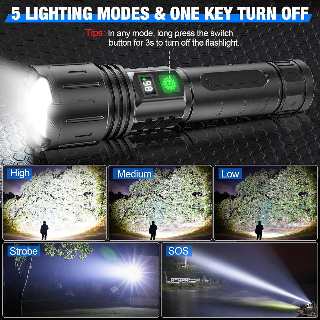 LED Tactical Flashlight Rechargeable, 100000 Lumen High Lumens Waterproof Torch for Camping Hiking and Emergency Use