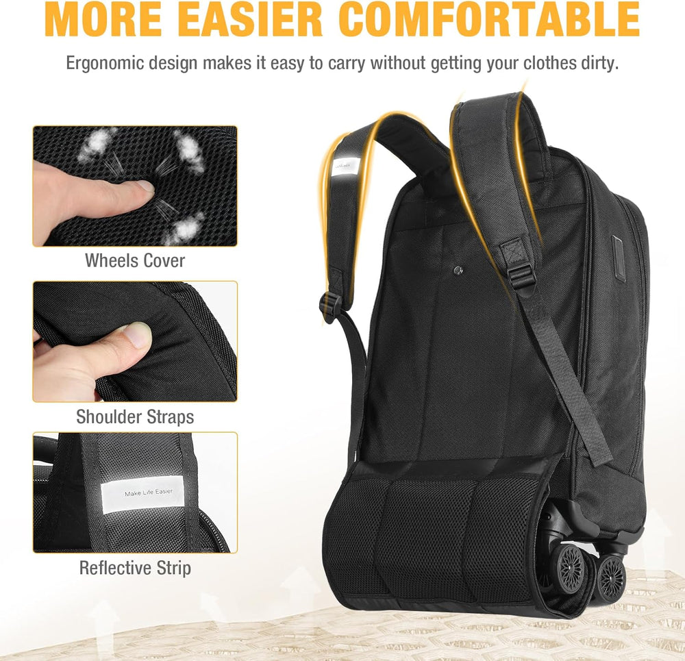 30L Rolling Laptop Backpack with 4 Spinner Wheels - Water-Resistant & Durable Design for Travel & School