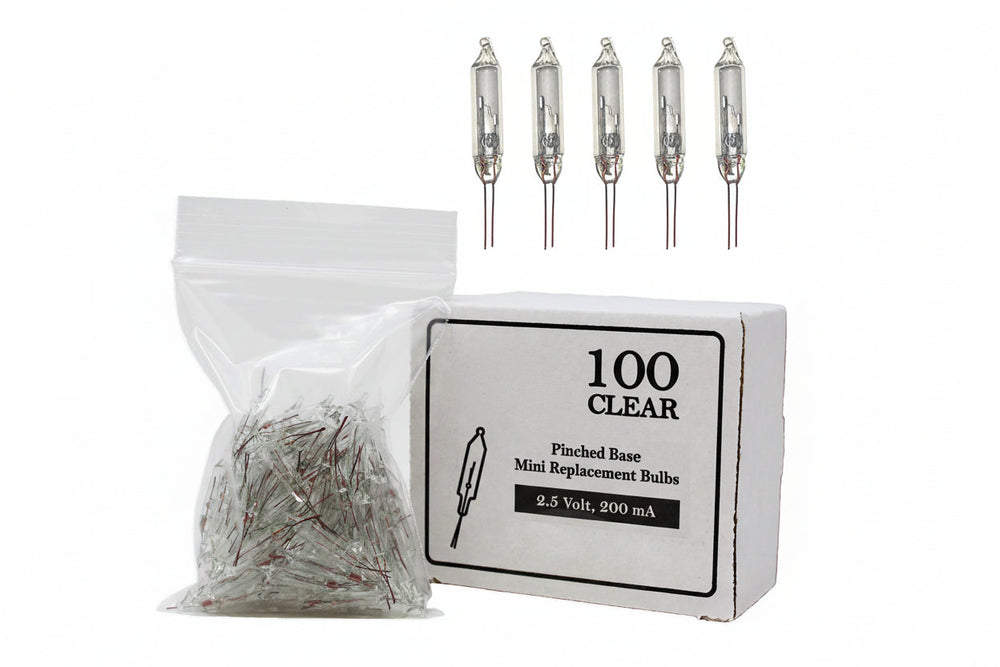 Mini Christmas Light Replacement Bulbs – Clear Glass Pinched Base, 100 Pack