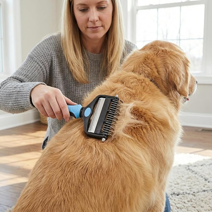 Double-Sided Pet Dematting Brush – Stainless Steel Teeth, Dogs & Cats, Non-Slip Grip