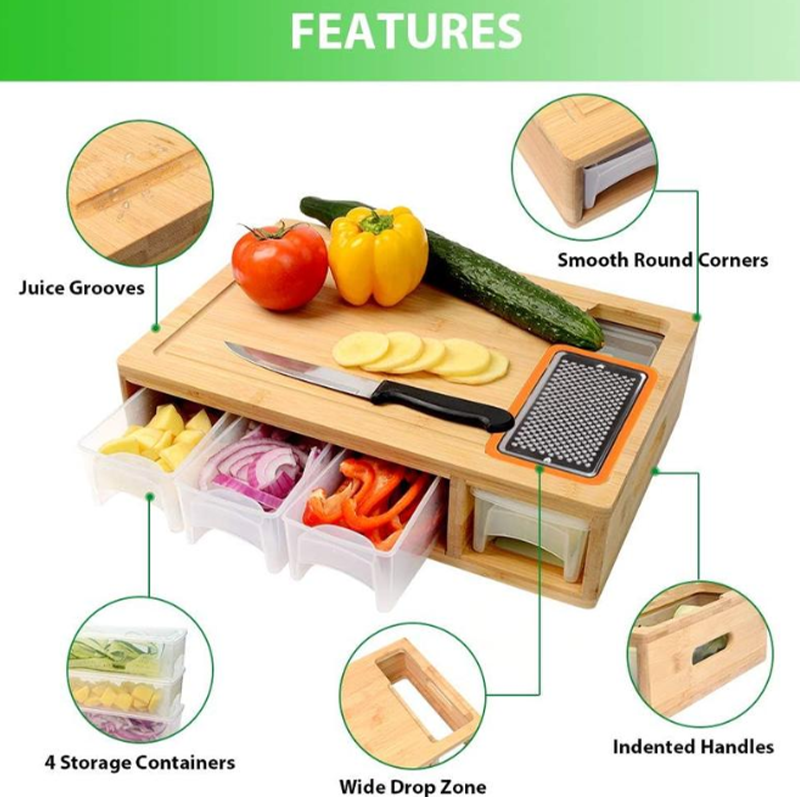 Bamboo Cutting Board Set – 4 Graters, Slide-Out Trays & 40×26cm
