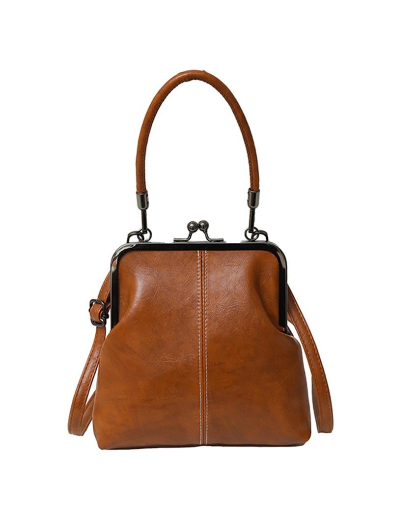 Vintage Kiss-Lock Handbag – Women's, Faux Leather & Detachable Crossbody Strap