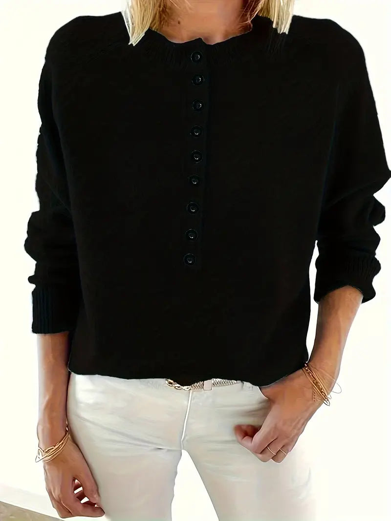 Caroline Soldier Pullover with Half Button Placket - Stylish Women's Sweater