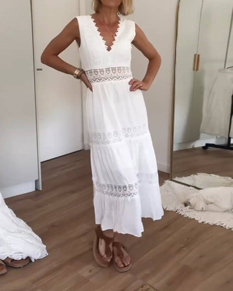 White Lace Midi Dress with V-Neck - Celina