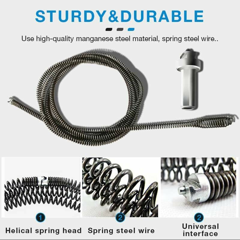 Drain Cleaning Spiral – Manganese Steel, Drill Adapter for 1-3m Pipes