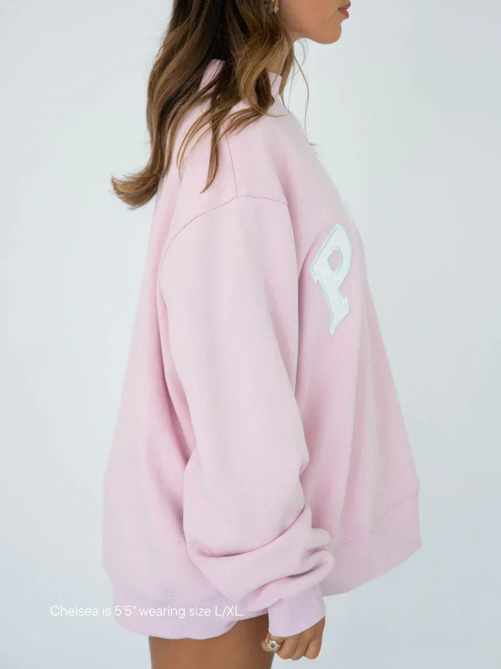 Soft Pink Varsity Mockneck Sweatshirt with White Lettering - Trendy Casual Wear