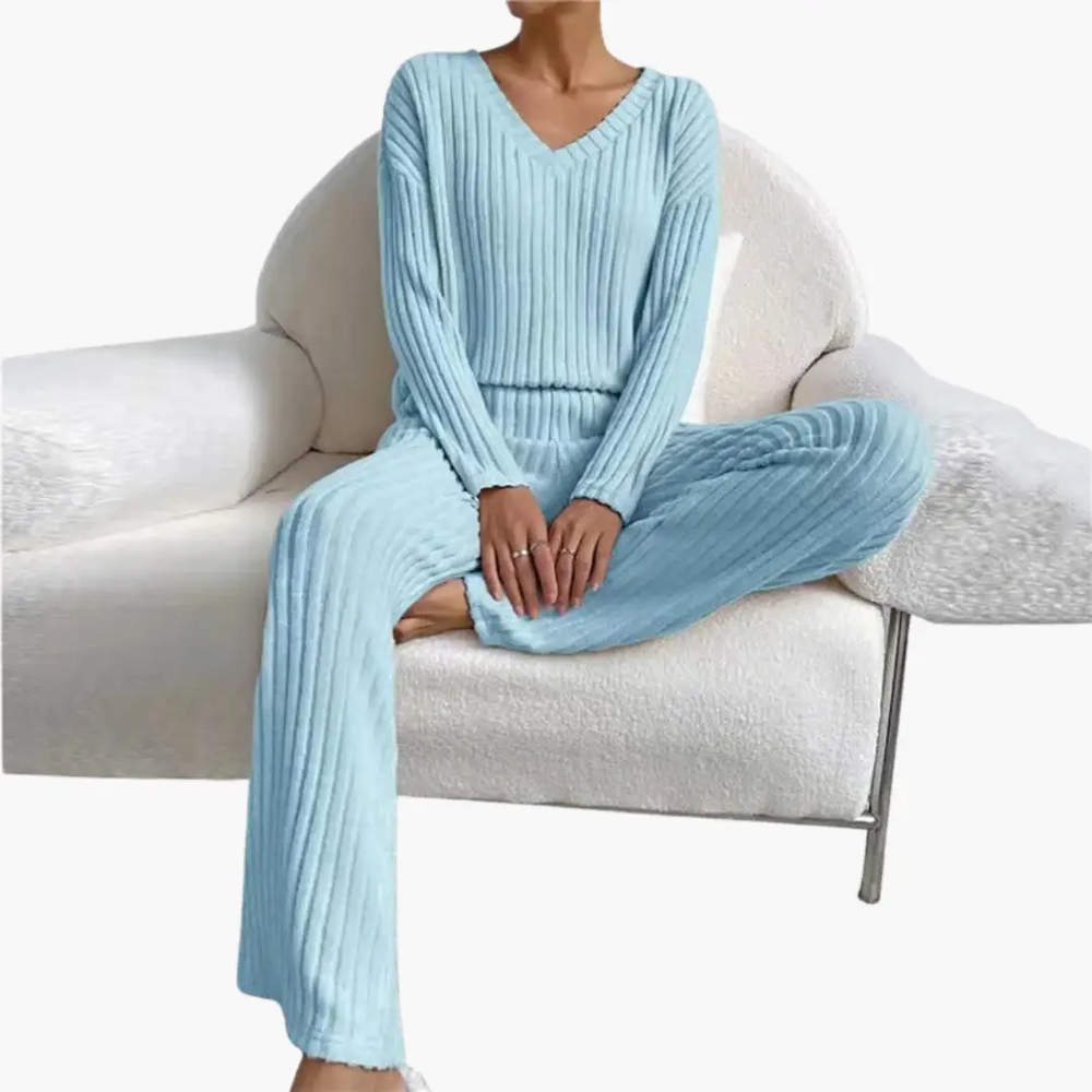 Women's Lounge Set – V-Neck, Ribbed Texture & Two-Piece