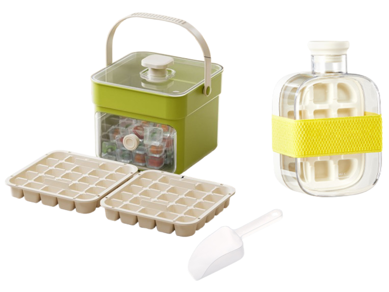 Push-Button Ice Cube Tray – BPA-Free PET/PP, Storage Bin & Ice Scoop