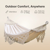 BowLift | 200x150cm Double Outdoor Camping Fringe Canvas Hammock with Pole (White)