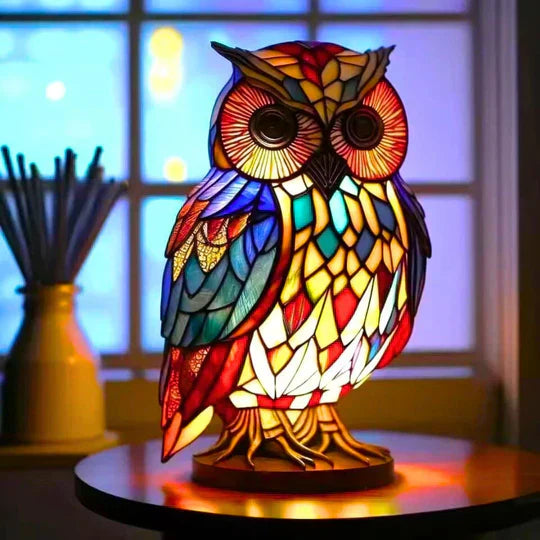 Stained Glass Owl Table Lamp – Handmade, Warm LED & Living Room Decor