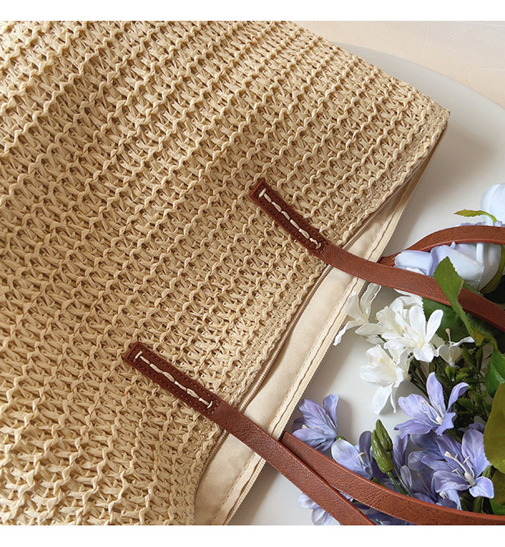 Woven Rattan Basket Bag – Leather Handles, 30×33cm & Women's Shopper Tote