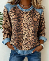 Optimized Product Title: "Leopard Print Denim Patchwork Pullover for Women - Stylish Casual Sweater" 

This title includes relevant keywords for better visibility while providing a clear description of the product.