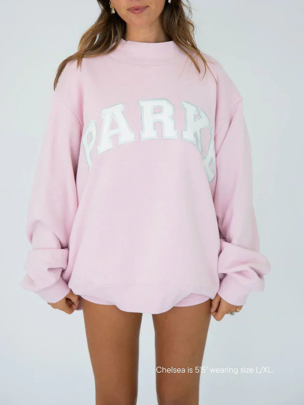 Soft Pink Varsity Mockneck Sweatshirt with White Lettering - Trendy Casual Wear