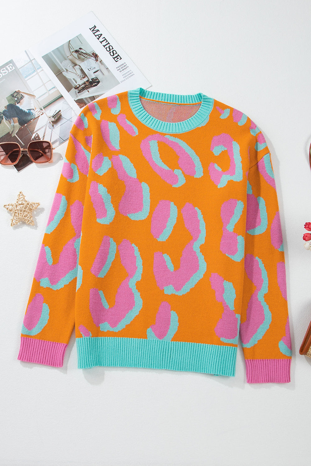 Ladies' Sweater With Color Block Leopard Print And Round Neck - Liora - 10