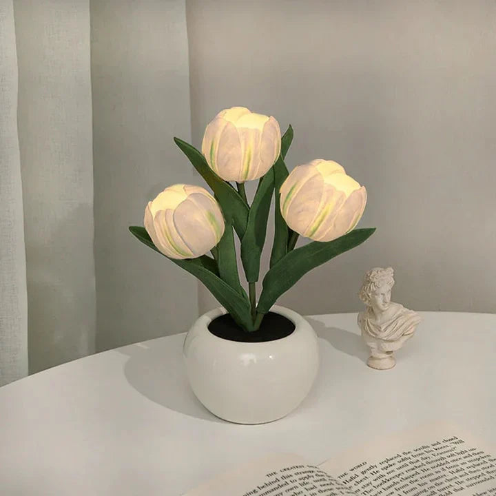 Stilvolle Tulpen-LED-Tischlampe im Keramiktopf – Warmes Dekorlicht für Gemütliche Atmosphäre