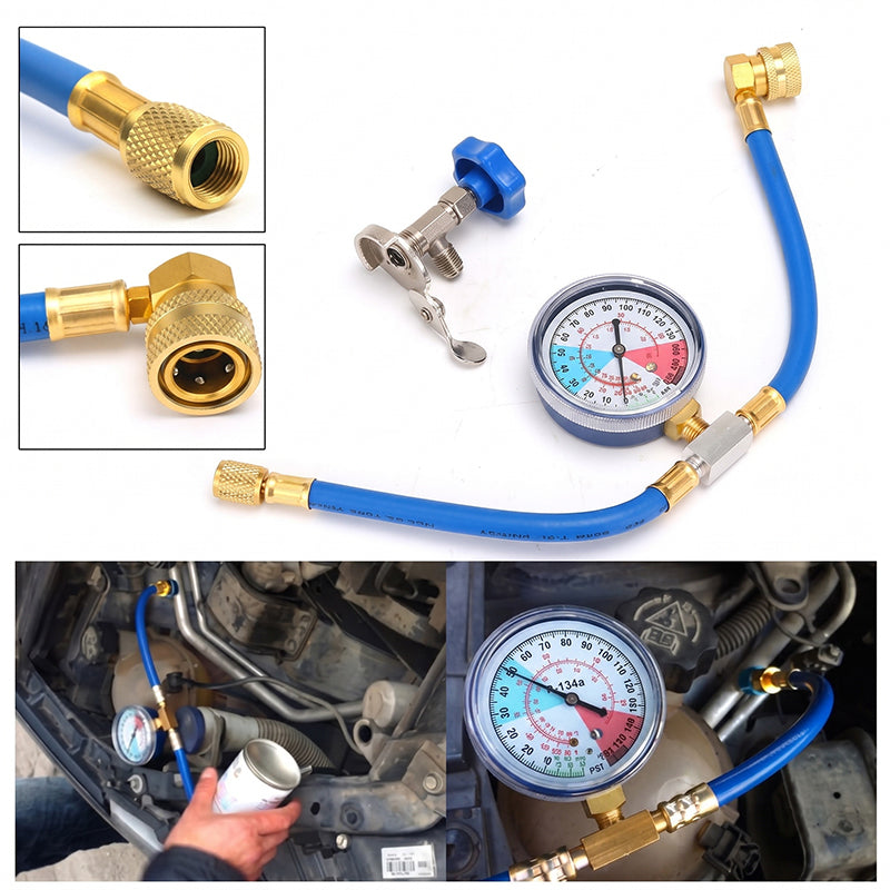 AC Charging Hose with Pressure Gauge – R134A/R12/R22, 0–350 psi, Quick-Connect