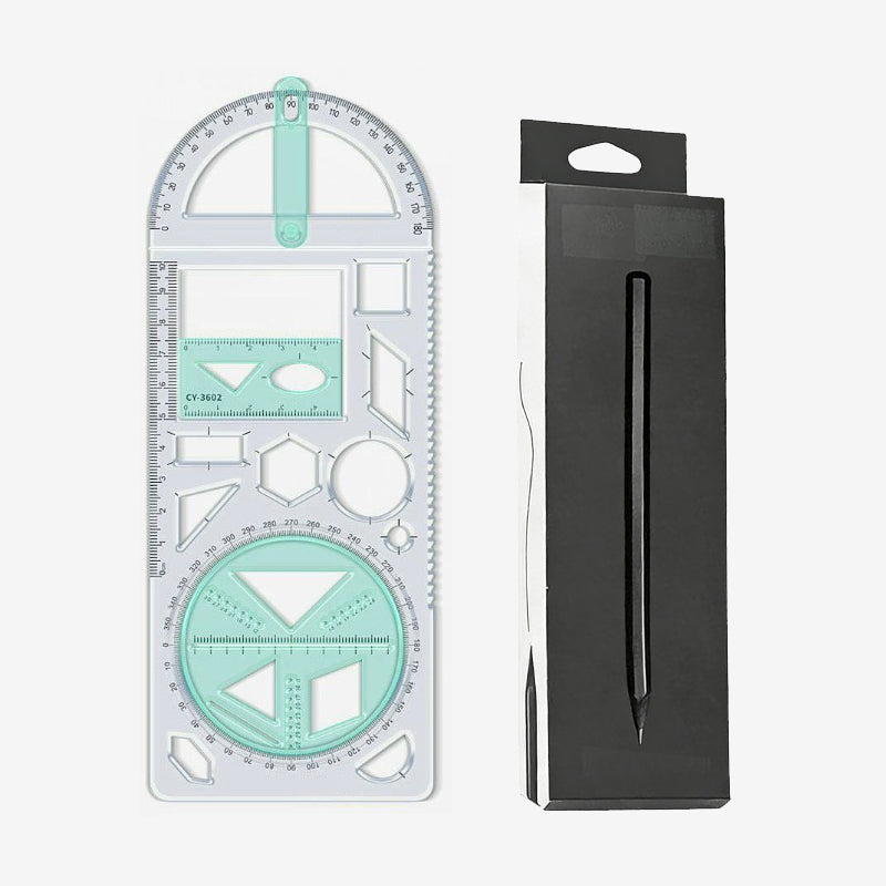 Geometry Ruler with Protractor – Transparent PP, Rotating Angle & Shape Stencils