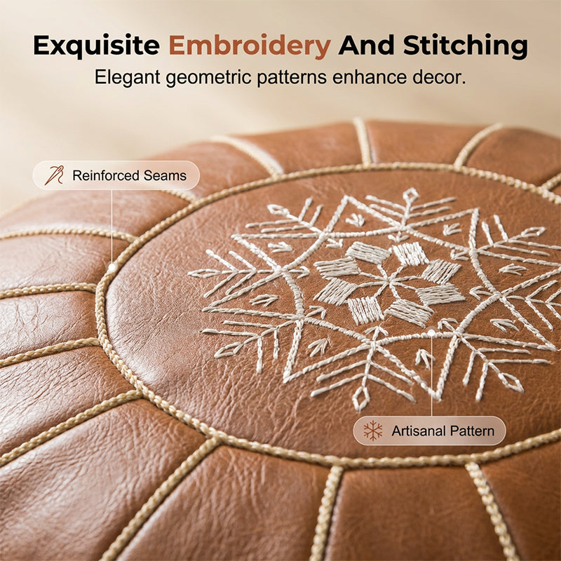 Moroccan Leather Storage Pouf – Faux Leather, Water-Resistant, 50×25cm Ottoman