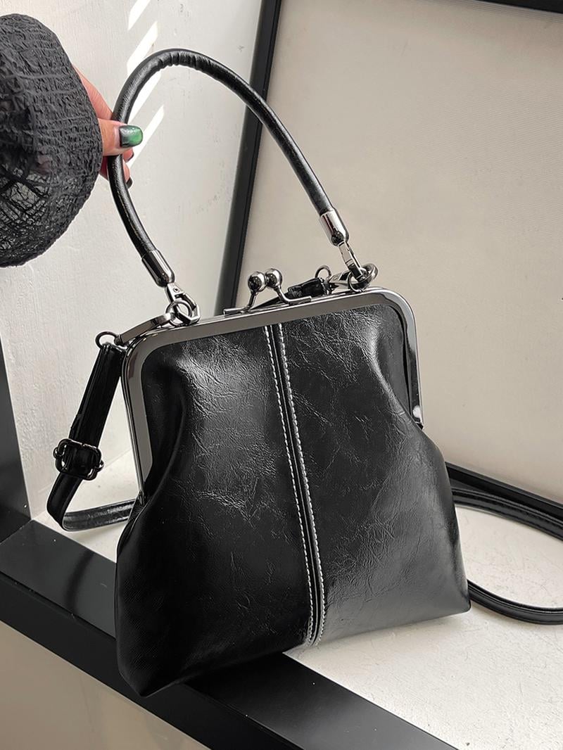 Vintage Kiss-Lock Handbag – Women's, Faux Leather & Detachable Crossbody Strap