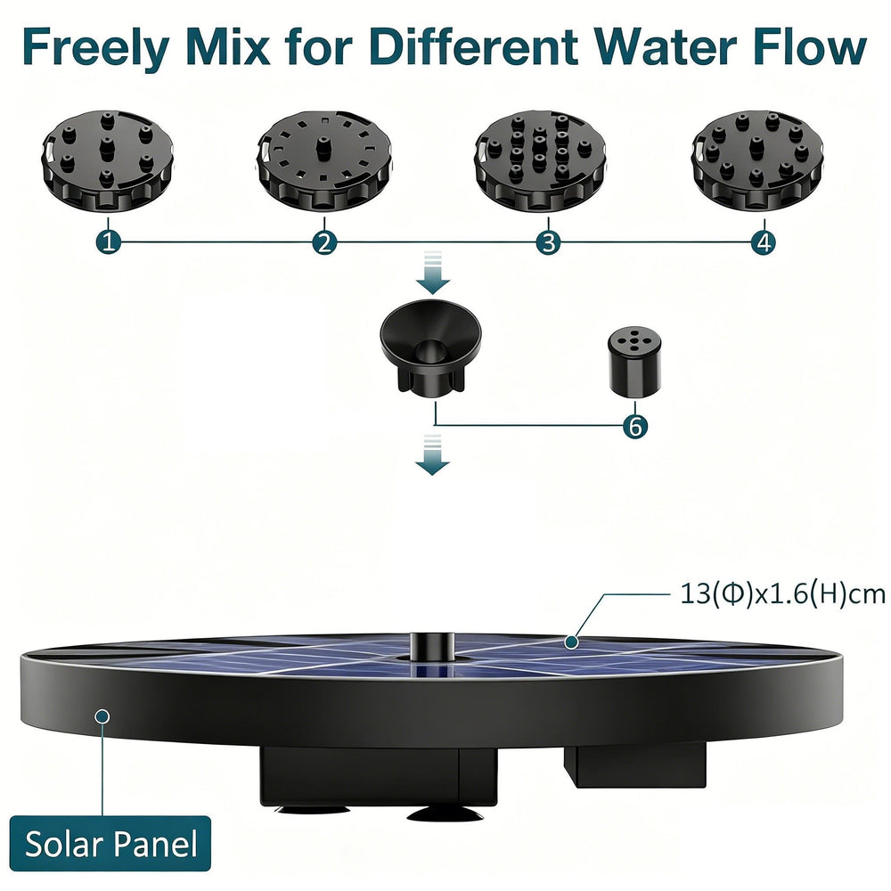 Solar Fountain Pump – Cordless, Interchangeable Nozzles, LED Option