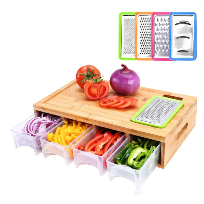 Bamboo Cutting Board Set – 4 Graters, Slide-Out Trays & 40×26cm